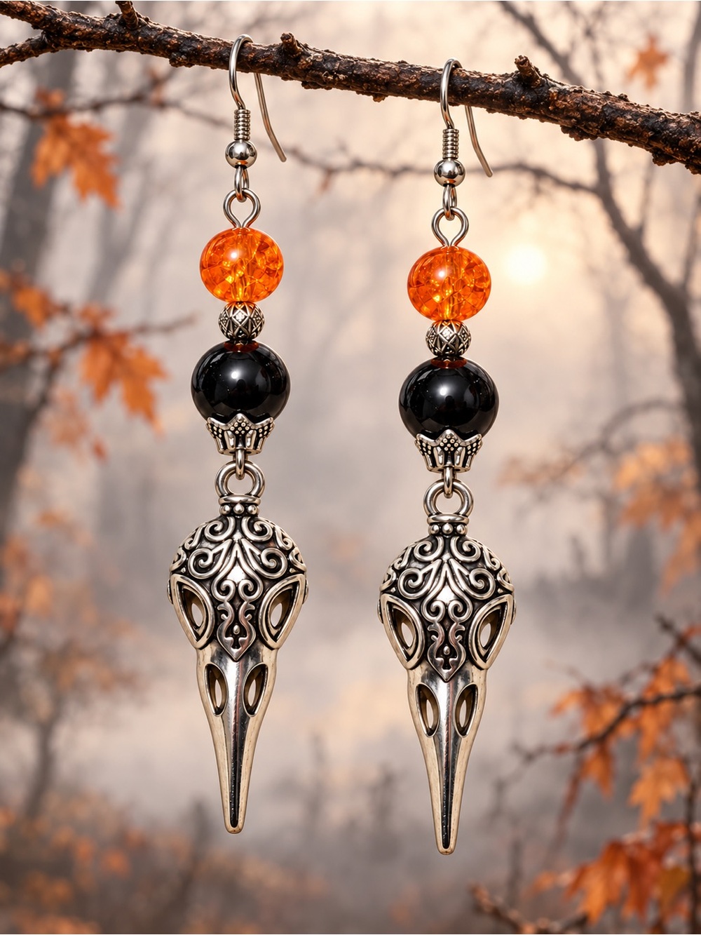 Raven Skull Earrings Orange Crackle Glass Black Beads Gothic Bird Dangles